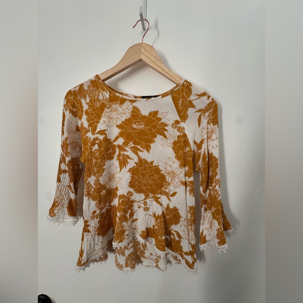 Boho Floral Blouse Mustard Yellow White Lace Trim Peplum Top Women’s Small